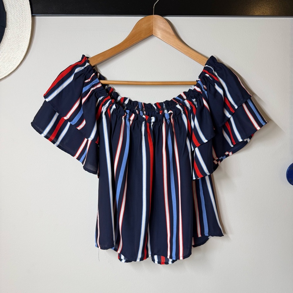 Patriotic Red White Blue OTS Striped Ruffle Sleeve Blouse Top Small Peach Love